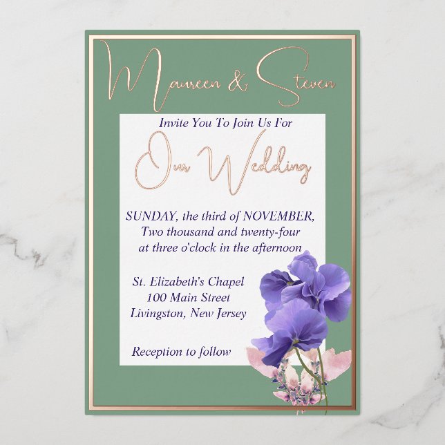 Violet Flowers on Green & White Wedding (Front)