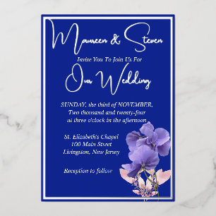 Violet Flowers on Royal Blue Wedding Silver 