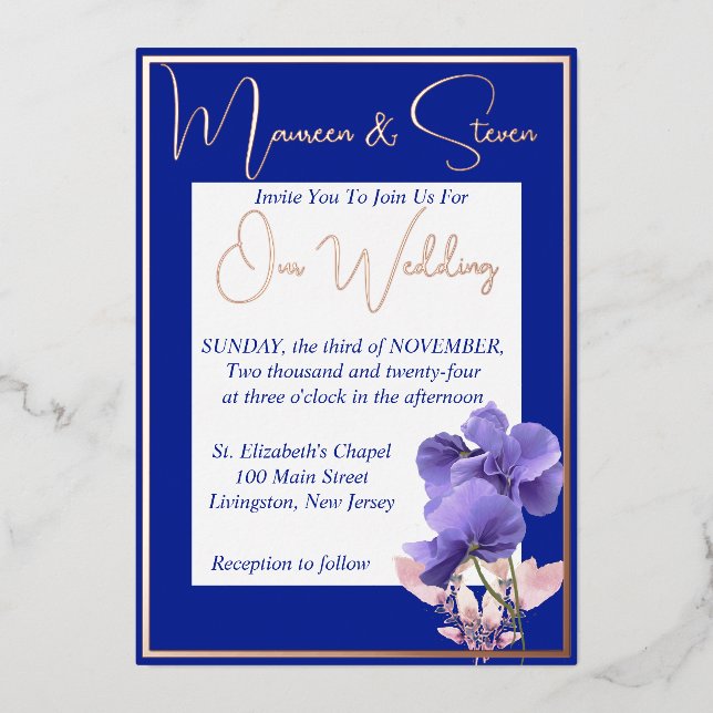 Violet Flowers on Royal Blue & White Wedding (Front)