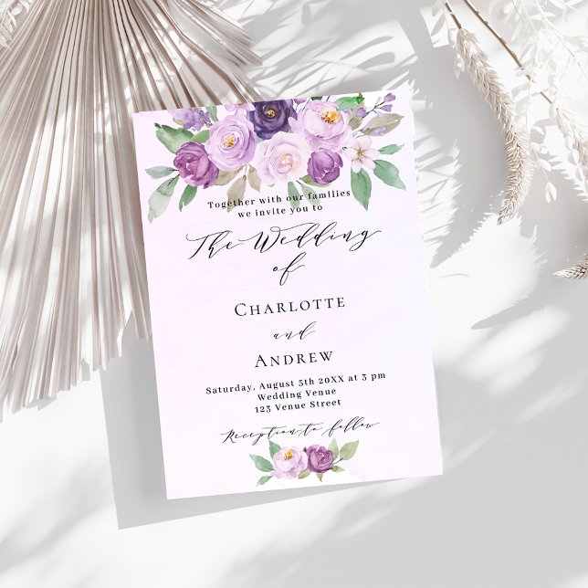 Violet flowers roses greenery elegant wedding invitation (Creator Uploaded)
