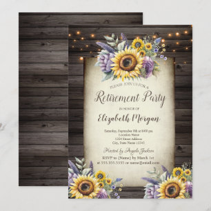 Violet Flowers Sunflowers Brown Wood Retirement Invitation