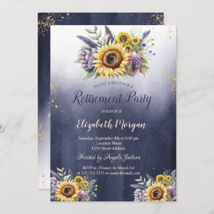 Violet Flowers Sunflowers Ombre Blue Retirement  Invitation