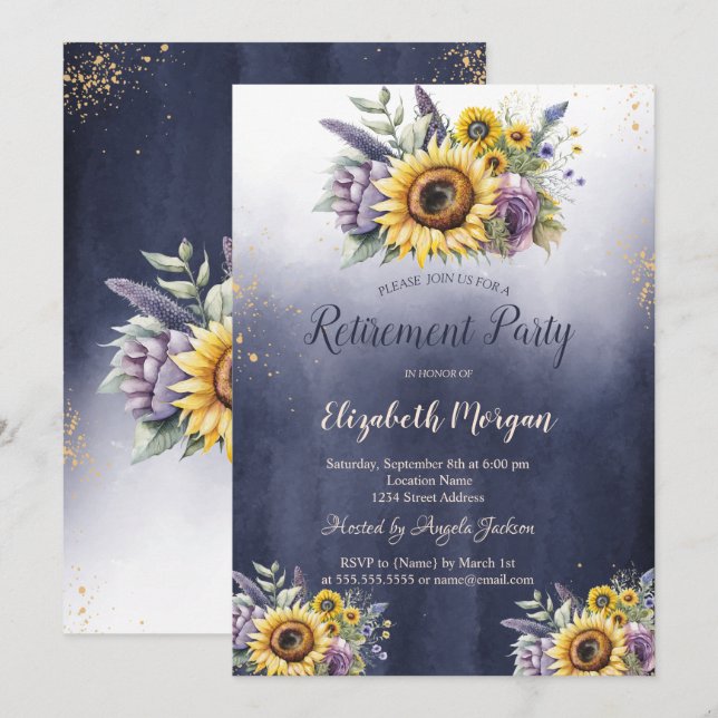 Violet Flowers Sunflowers Ombre Blue Retirement  Invitation (Front/Back)