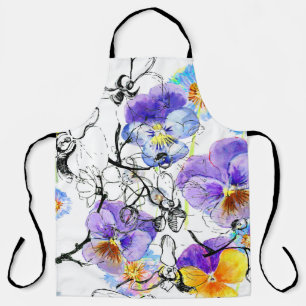 Violet Flowers Watercolor Vintage Pattern Apron