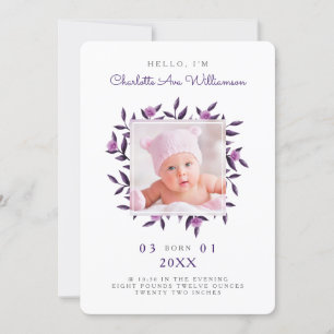 Violet Foliage Floral Wreath Birth Announcement