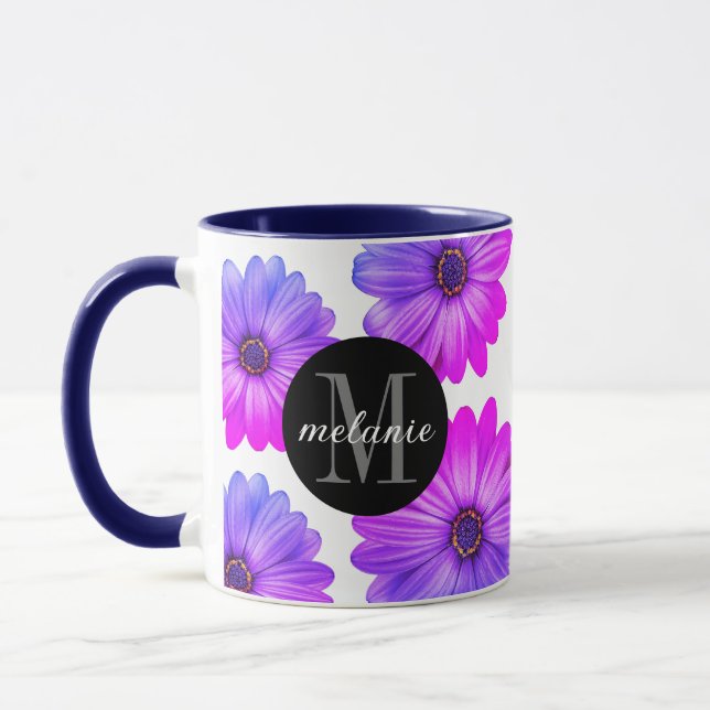 Violet Fuchsia Daisies Add Your Name and Initial Mug (Left)