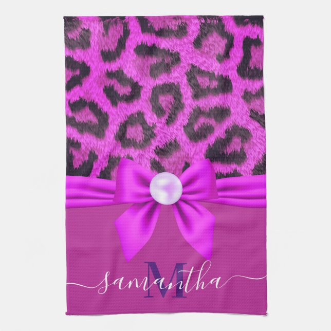 Violet Fur Leopard Print Tea Towel (Vertical)
