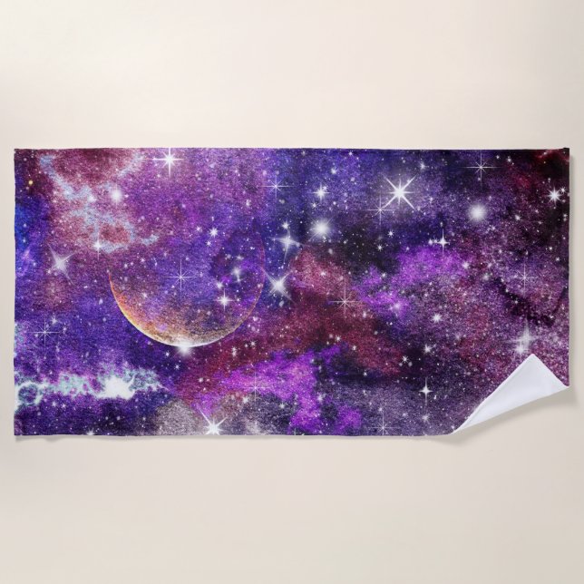 Violet Galaxy Milky Way With Planet Beach Towel (Front)