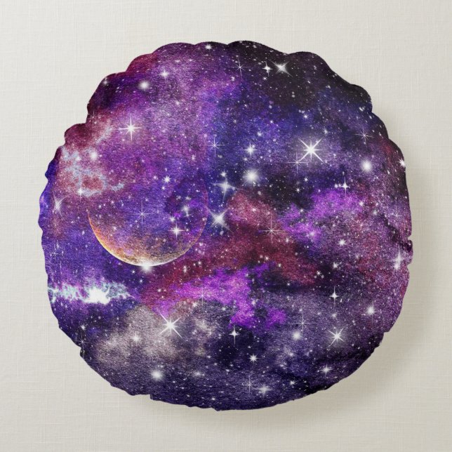 Violet Galaxy Milky Way With Planet Round Cushion (Front)