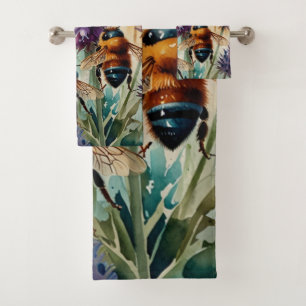 Violet Garden Buzz   Watercolor Painting Bath Towel Set