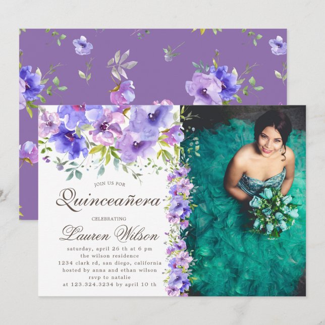 violet garden floral Quinceanera Photo Invitation (Front/Back)