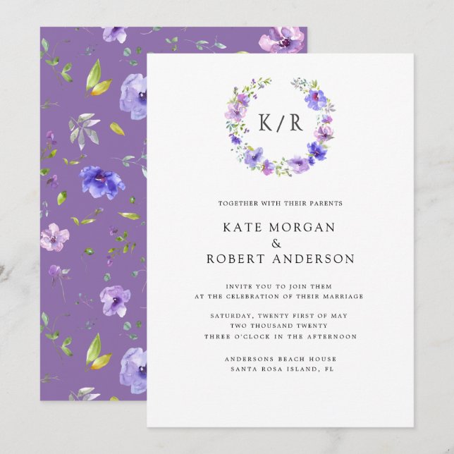violet garden watercolor double monogram invitation (Front/Back)