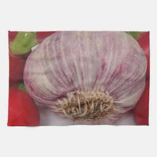 Violet garlic with radish tea towel