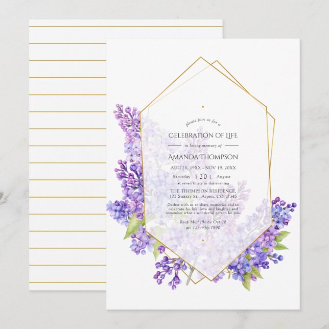 Violet Geometric Herbarium Celebration of Life Invitation (Front/Back)