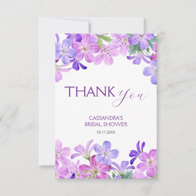 Violet Geranium Floral Bridal Shower  Thank You Card (Front)