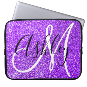 Violet Girly Faux Glitter Personalized Monogram Laptop Sleeve