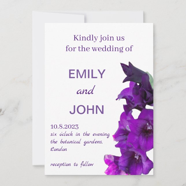 Violet Gladiolus Floral Wedding Invitation (Front)
