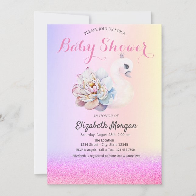 Violet Glitter Bokeh,Swan Flower Baby Shower   Invitation (Front)