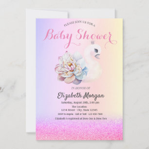 Violet Glitter Bokeh,Swan Flower Baby Shower   Invitation