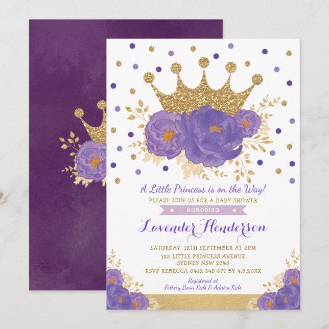Violet Gold Crown Princess Floral Girl Baby Shower Invitation (Front/Back)