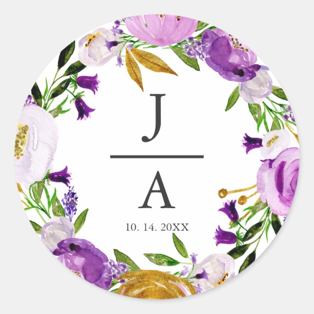 Violet & Gold Floral Wreath Monogram Wedding Classic Round Sticker (Front)