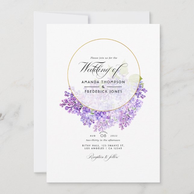 Violet & Gold Geometric Herbarium QR Code Wedding Invitation (Front)