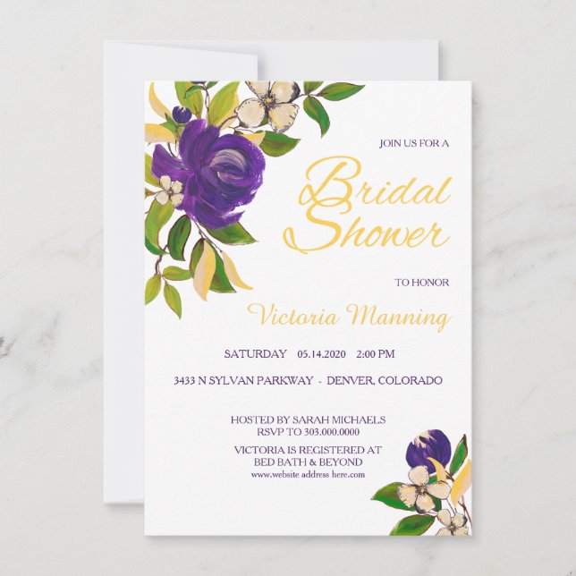 Violet Gold Watercolor Bouquet Bridal Shower Invitation (Front)