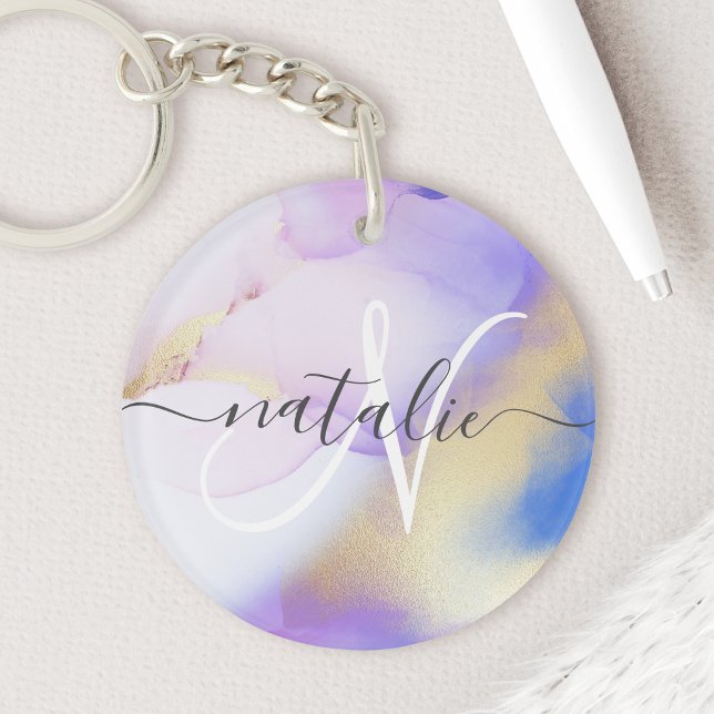 Violet Gold Watercolor Luxury Custom Monogram Name Key Ring (Creator Uploaded)