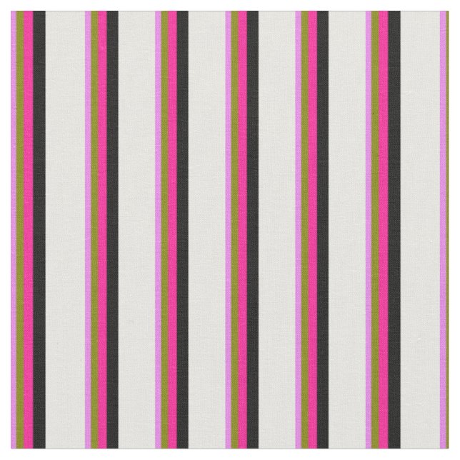 Violet, Green, Deep Pink, Black & White Lines Fabric (Close Up)