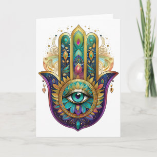 Violet Green Gold Petals Hamsa Turquoise Third Eye Card