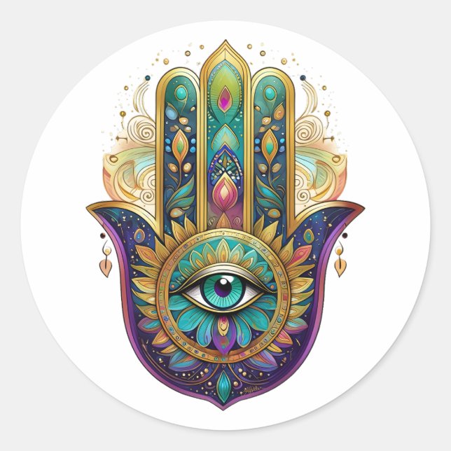 Violet Green Gold Petals Hamsa Turquoise Third Eye Classic Round Sticker (Front)