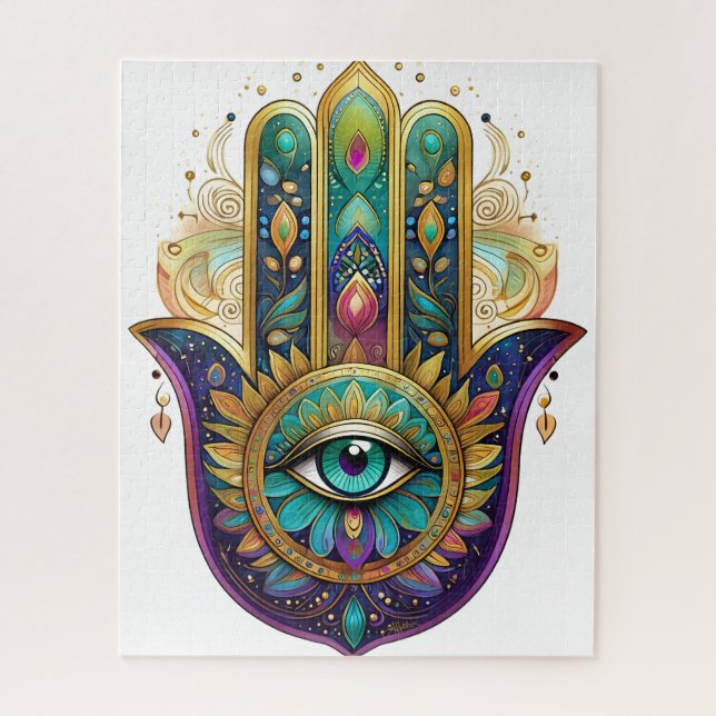 Violet Green Gold Petals Hamsa Turquoise Third Eye Jigsaw Puzzle (Vertical)