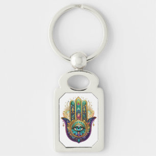 Violet Green Gold Petals Hamsa Turquoise Third Eye Key Ring