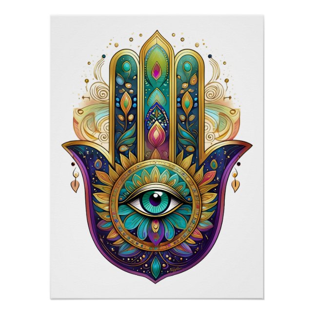 Violet Green Gold Petals Hamsa Turquoise Third Eye Poster (Front)