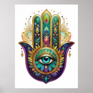 Violet Green Gold Petals Hamsa Turquoise Third Eye Poster