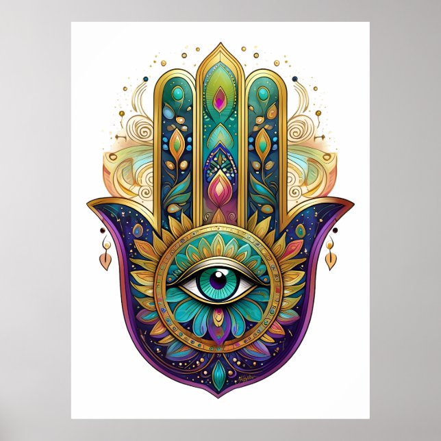 Violet Green Gold Petals Hamsa Turquoise Third Eye Poster (Front)
