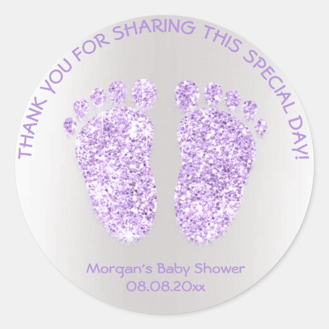 Violet Grey Glitter Feet Baby Shower Favour Thank Classic Round Sticker (Front)
