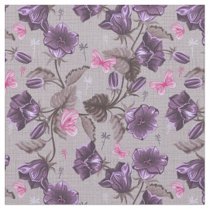violet hand bells and pink butterflies pattern fabric