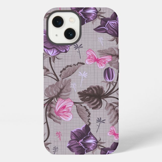 violet hand bells and pink butterflies pattern iPhone case (Back)