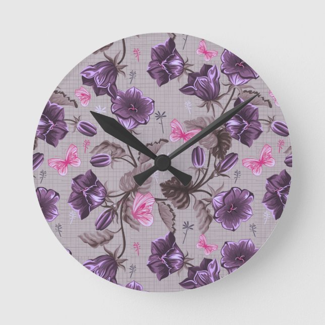 violet hand bells and pink butterflies pattern round clock (Front)