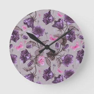 violet hand bells and pink butterflies pattern round clock