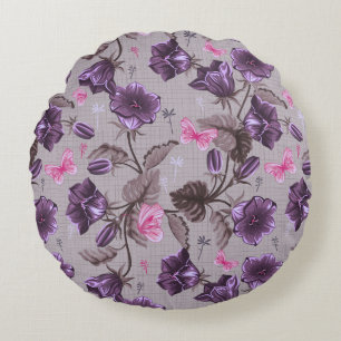 violet hand bells and pink butterflies pattern round cushion