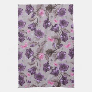 violet hand bells and pink butterflies pattern tea towel