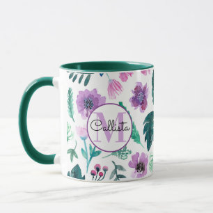 Violet Hunter Tropical Watercolor Flowers Monogram Mug
