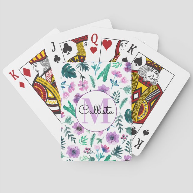 Violet Hunter Tropical Watercolor Flowers Monogram Playing Cards (Back)