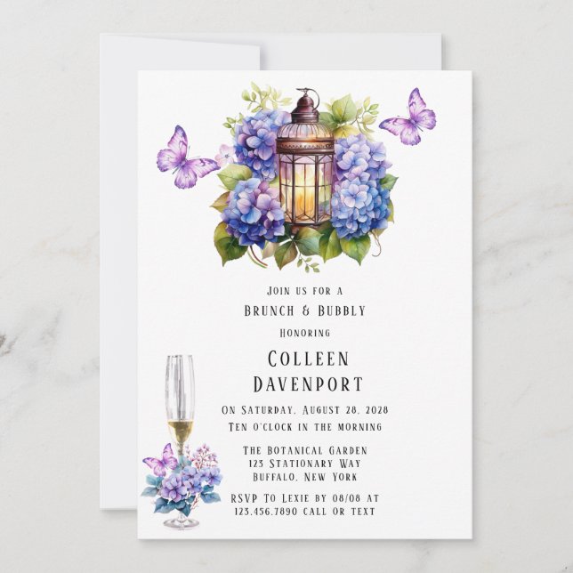 Violet Hydrangea Butterfly Brunch & Bubbly Invitation (Front)
