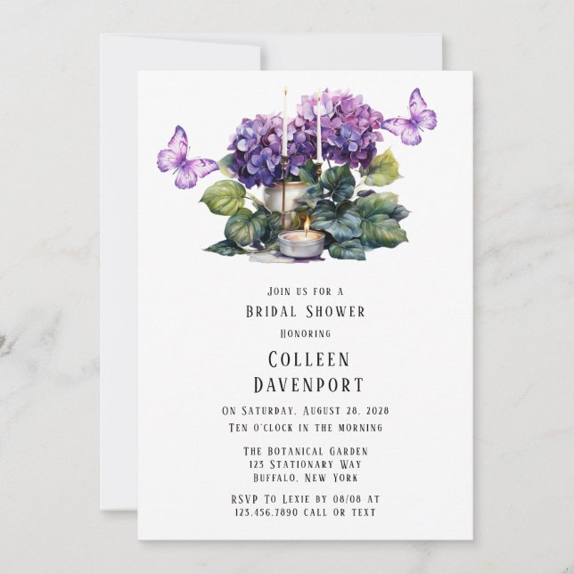Violet Hydrangea Butterfly Candles Bridal Shower Invitation (Front)