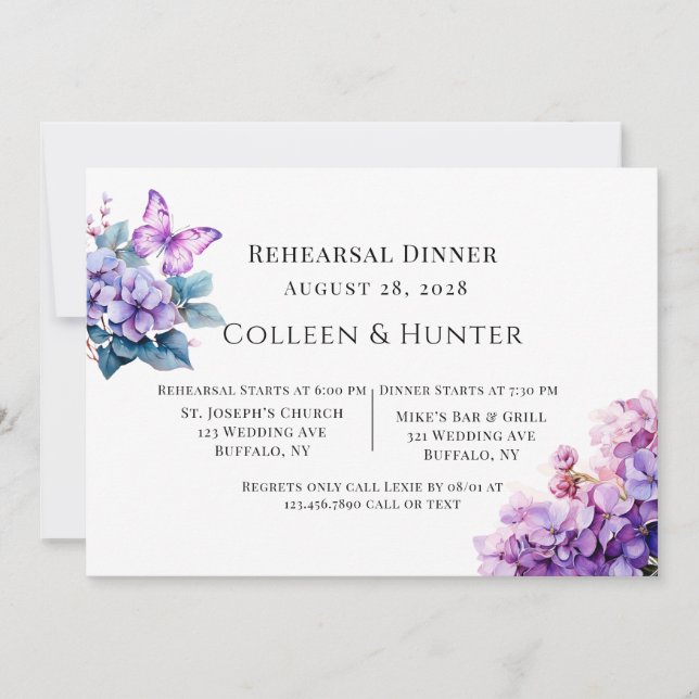 Violet Hydrangea Floral Butterfly Rehearsal Dinner Invitation (Front)
