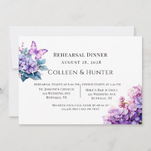 Violet Hydrangea Floral Butterfly Rehearsal Dinner Invitation