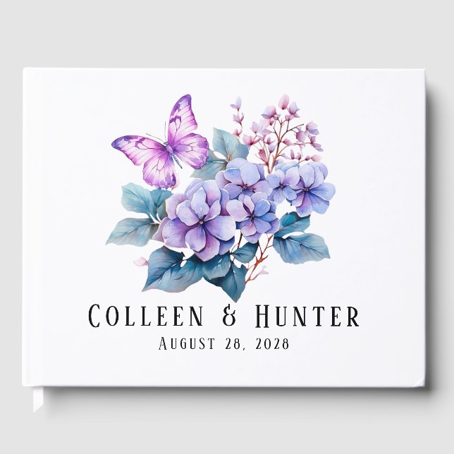 Violet Hydrangea Floral Butterfly Wedding Guest Book (Front)